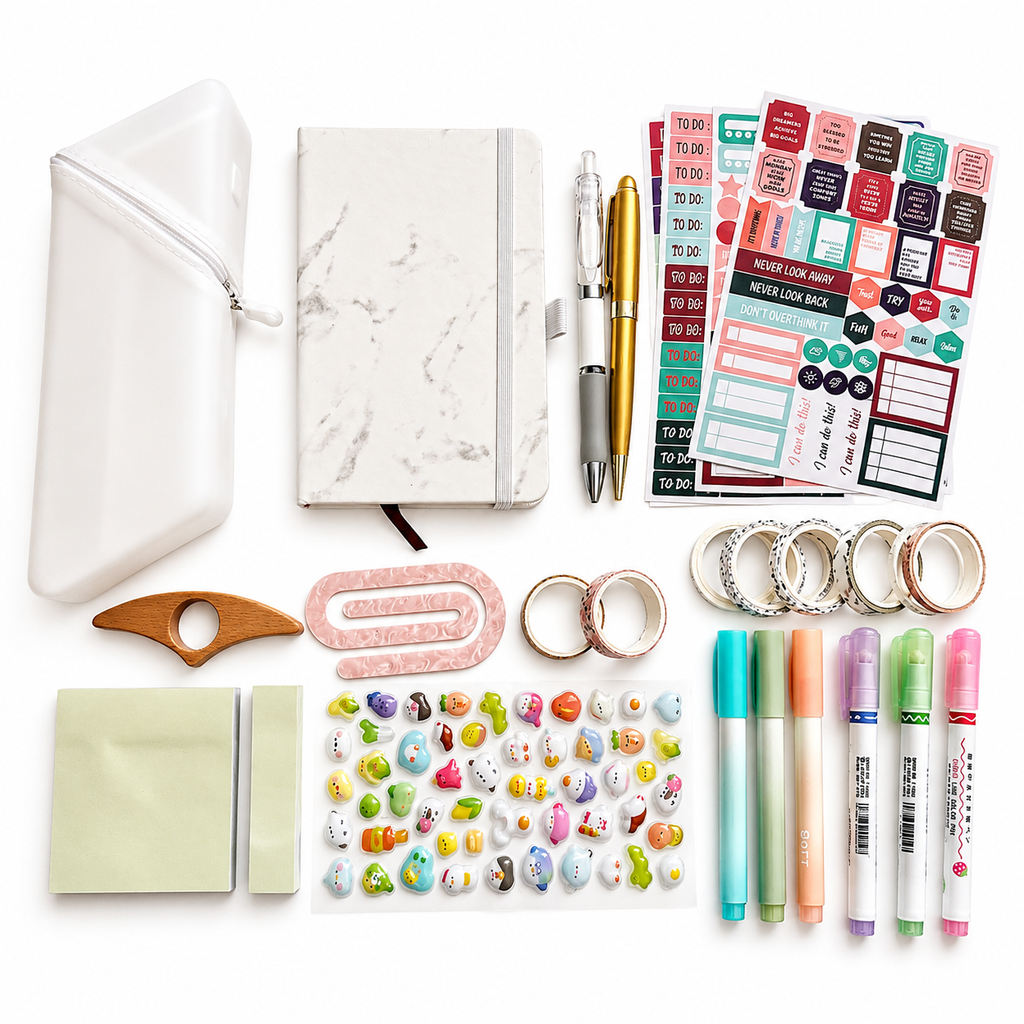 Luxury White Marble Journal Gift Set – Notebook, Pencil Case, Stickers & Stationery Box